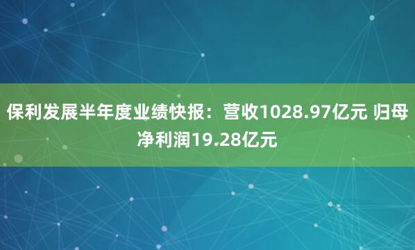 保利发展半年度业绩快报：营收1028.97亿元 归母净利润19.28亿元